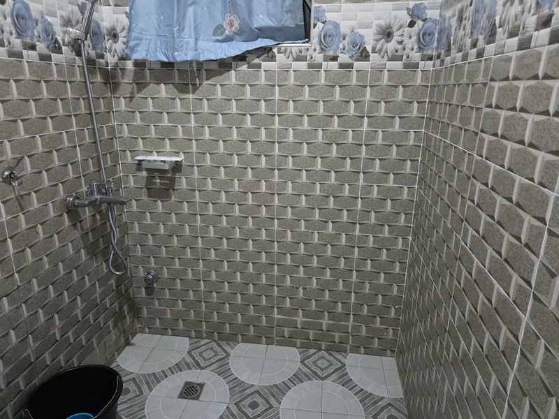 Walk-in shower area with a handset mixer